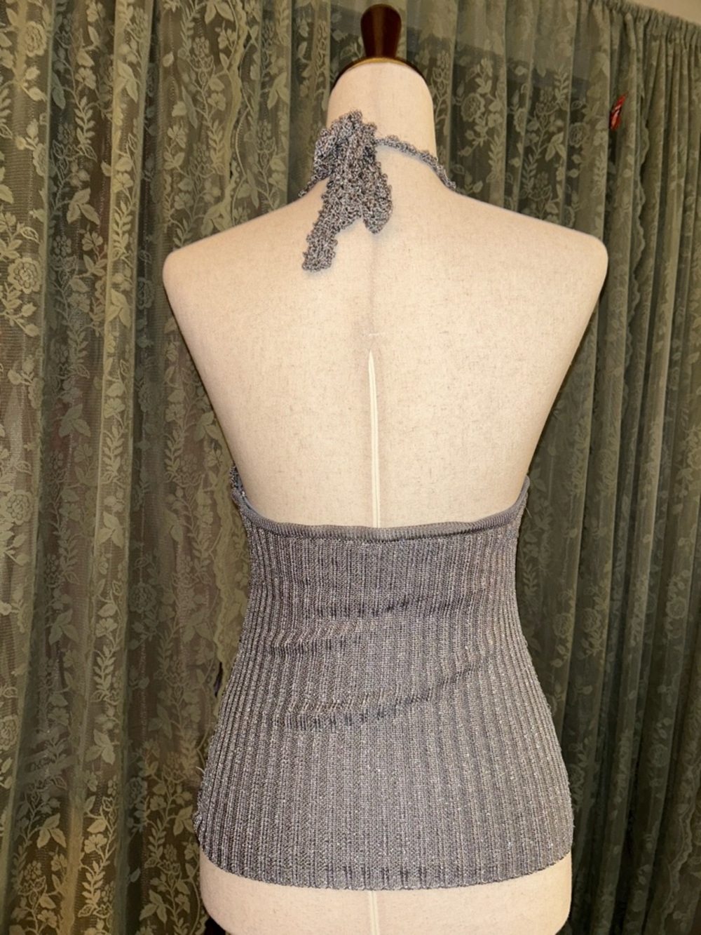 Crochet Halter Top in Shimmering Metallic Light Gray - Picture 2 of 3
